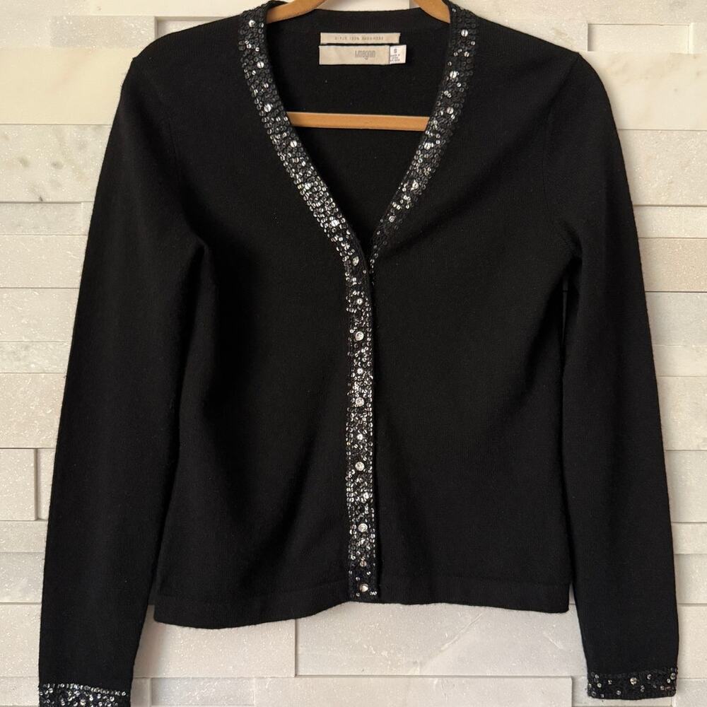 VINTAGE I MAGNIN 100% 2 Ply Cashmere Sequin Detail Jewel Button Cardigan Black S